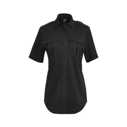 Product shot of a black Flying Cross women's short-sleeve uniform shirt featuring two flap pockets, a button-down front, and a subtle logo on the inner collar showing fine stitching and a sleek design
