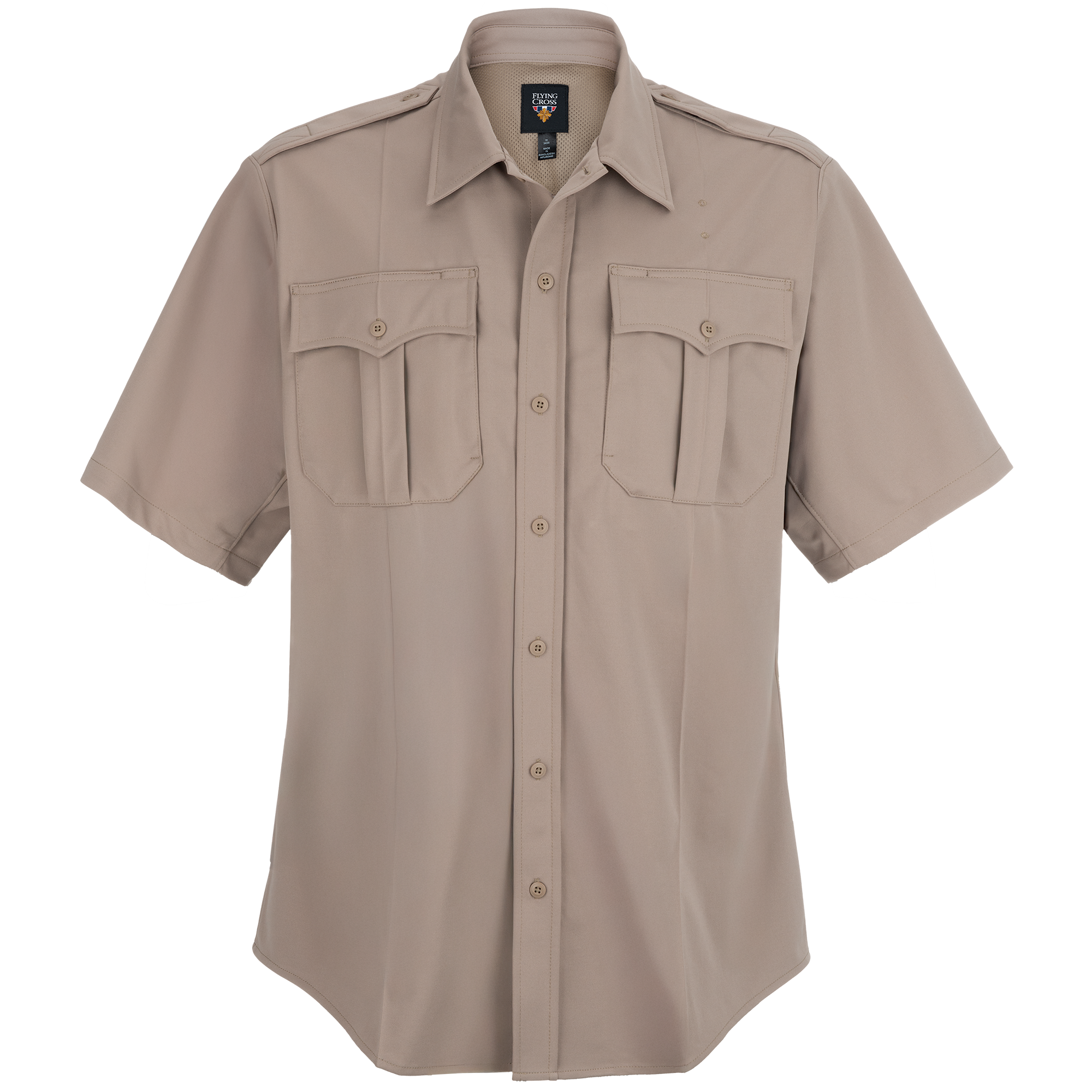 Flying Cross khaki short-sleeve shirt featuring multiple pockets, a button-front closure, and a breathable mesh collar  
