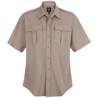 Flying Cross khaki short-sleeve shirt featuring multiple pockets, a button-front closure, and a breathable mesh collar  
