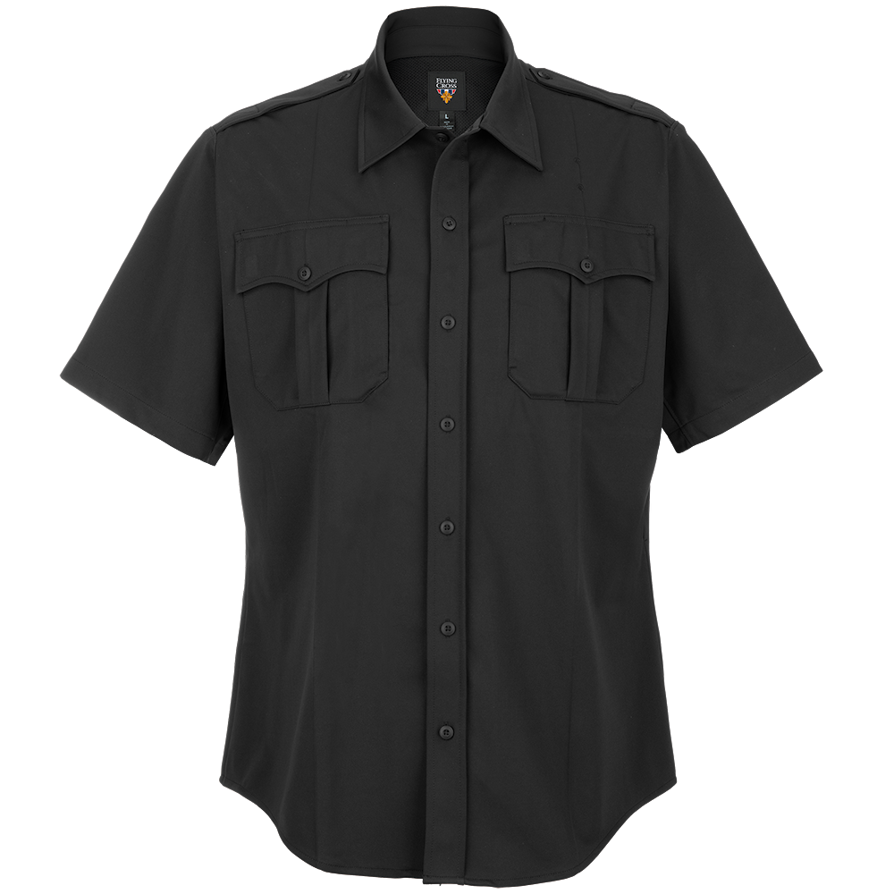 Product shot of a Flying Cross black short-sleeve uniform shirt featuring two chest pockets with button flaps and a branded label showing a dark logo on a light background