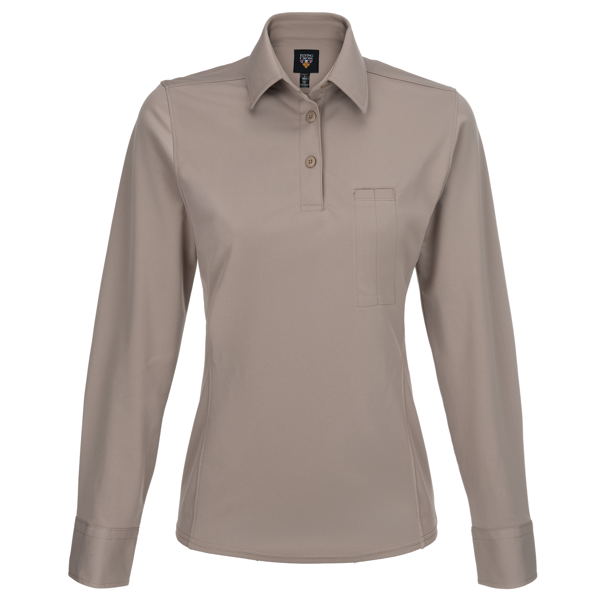 Product shot of a taupe Flying Cross women's long-sleeve polo shirt featuring a breast pocket, three-button placket, and subtly detailed cuffs.
