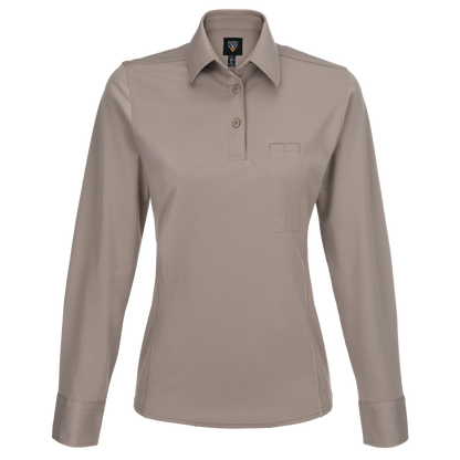 Product shot of a taupe Flying Cross women's long-sleeve polo shirt featuring a breast pocket, three-button placket, and subtly detailed cuffs.
