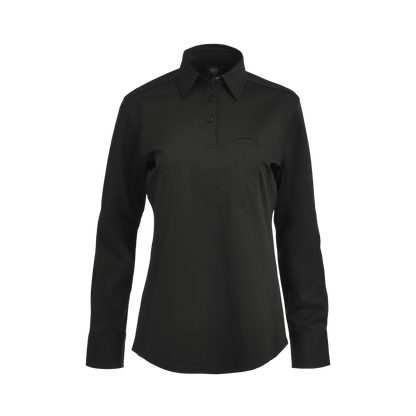 Product shot of a black Flying Cross long-sleeve women's polo shirt featuring a button-down collar, a breast pocket, and subtle stitching details

