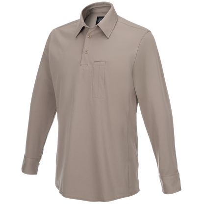 Product shot of a tan Flying Cross long-sleeve polo shirt featuring a small chest pocket, button placket, and subtly textured fabric
