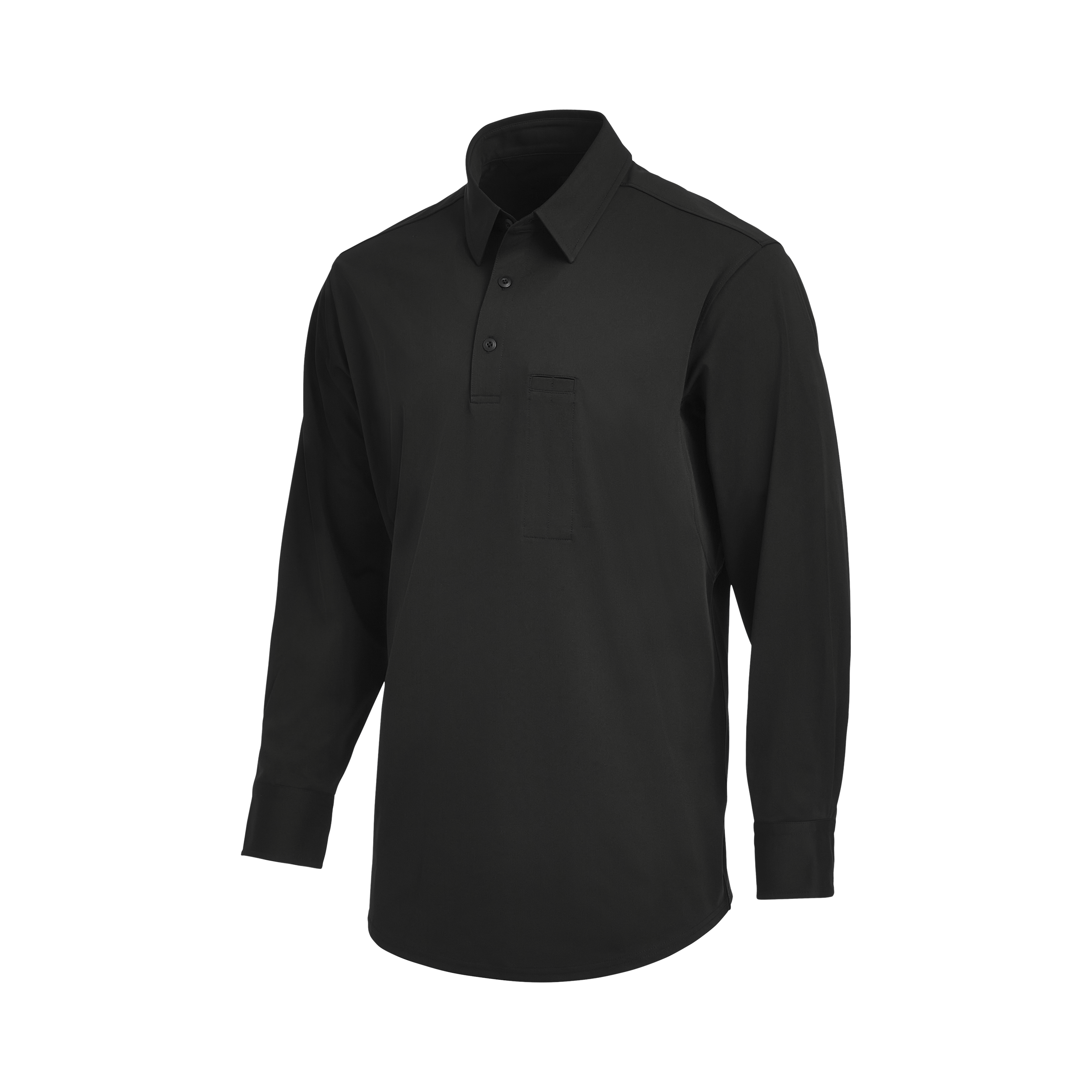 Product shot of a black long-sleeve polo shirt with a small chest pocket and three-button placket showcasing its smooth texture and subtle curve at the hem

