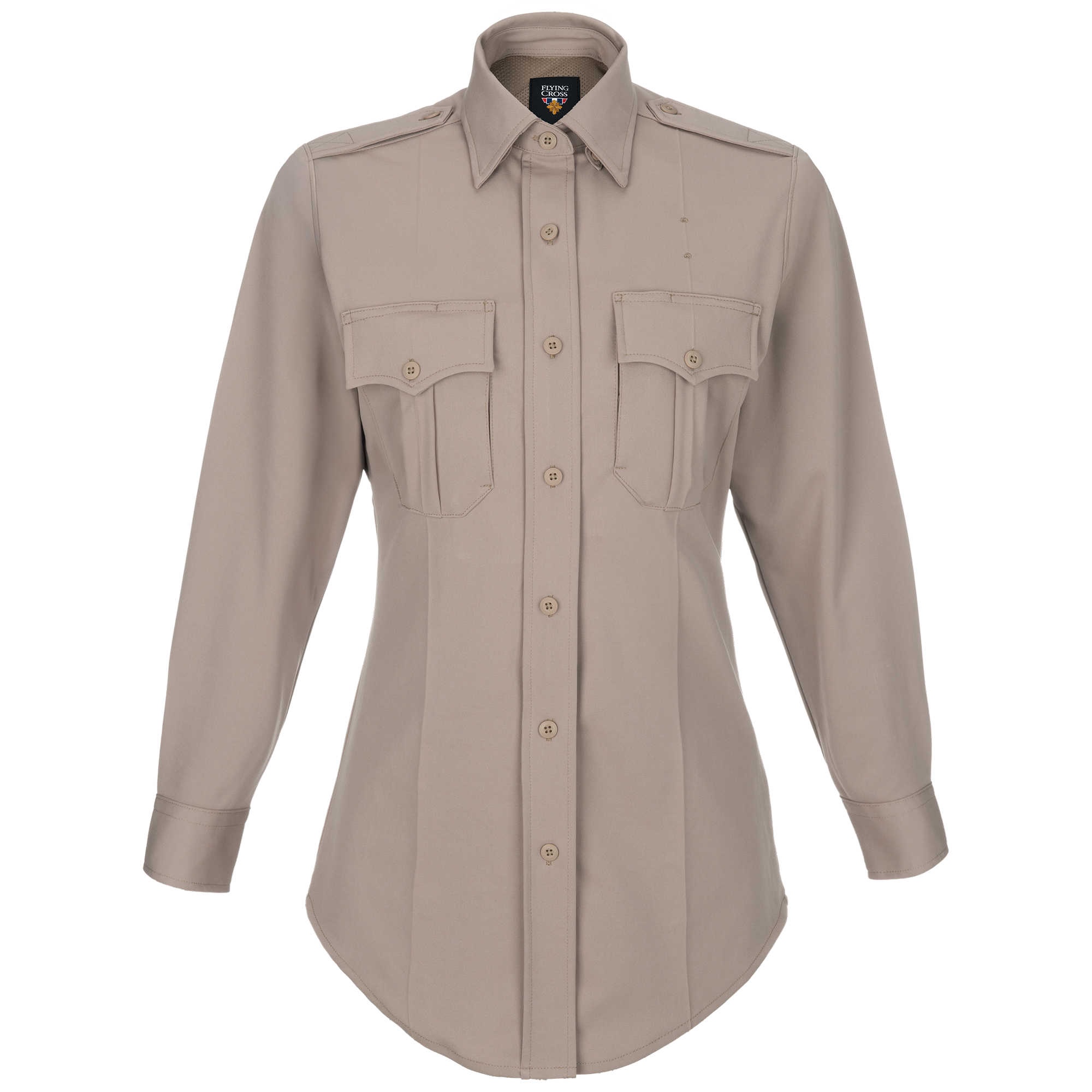 Flying Cross women's long sleeve khaki shirt featuring a collared neckline, button closures, and two chest pockets with unique stitching details