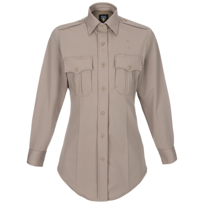 Flying Cross women's long sleeve khaki shirt featuring a collared neckline, button closures, and two chest pockets with unique stitching details