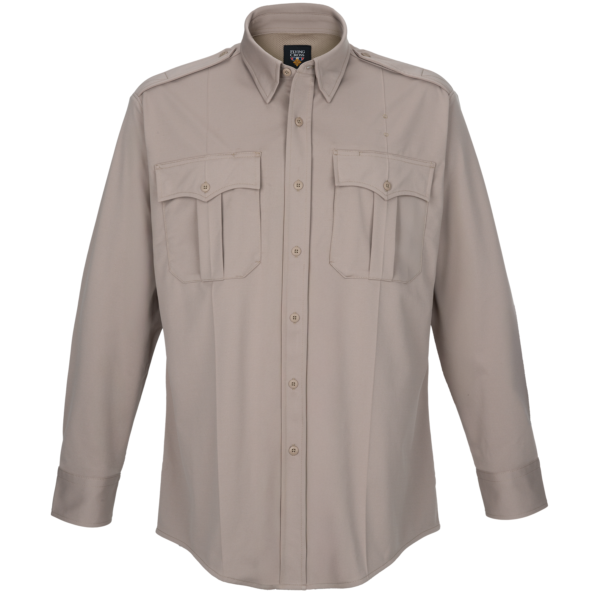 Flying Cross long-sleeve shirt, khaki color, featuring button-down front, two breast pockets, and reinforced stitching details
