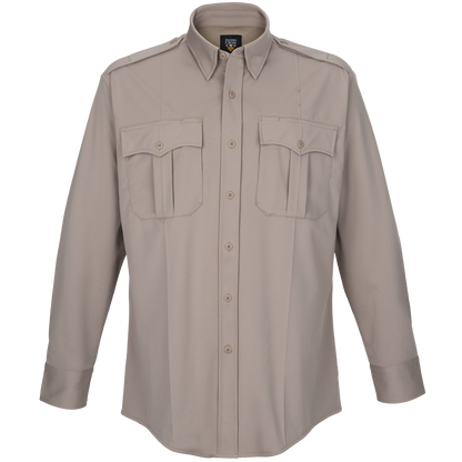 Flying Cross long-sleeve shirt, khaki color, featuring button-down front, two breast pockets, and reinforced stitching details
