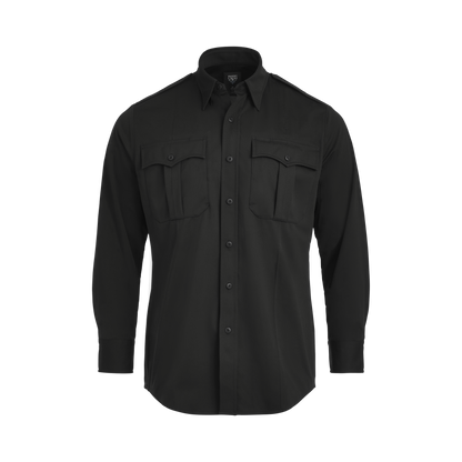 Product shot of a Flying Cross black long-sleeve shirt featuring two chest pockets, button-down front, and a breathable mesh collar
