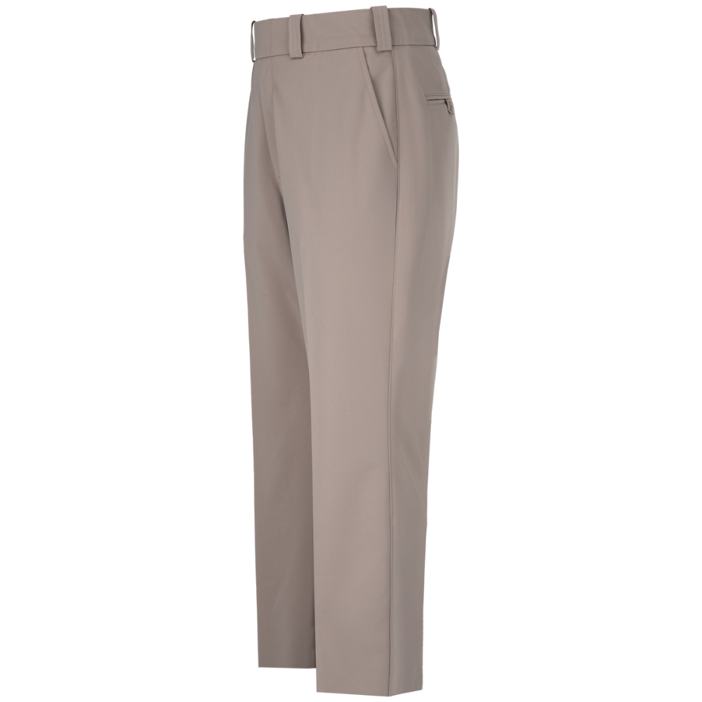 Product shot of beige women's pants featuring a zippered pocket and a flat front design with a tailored fit
