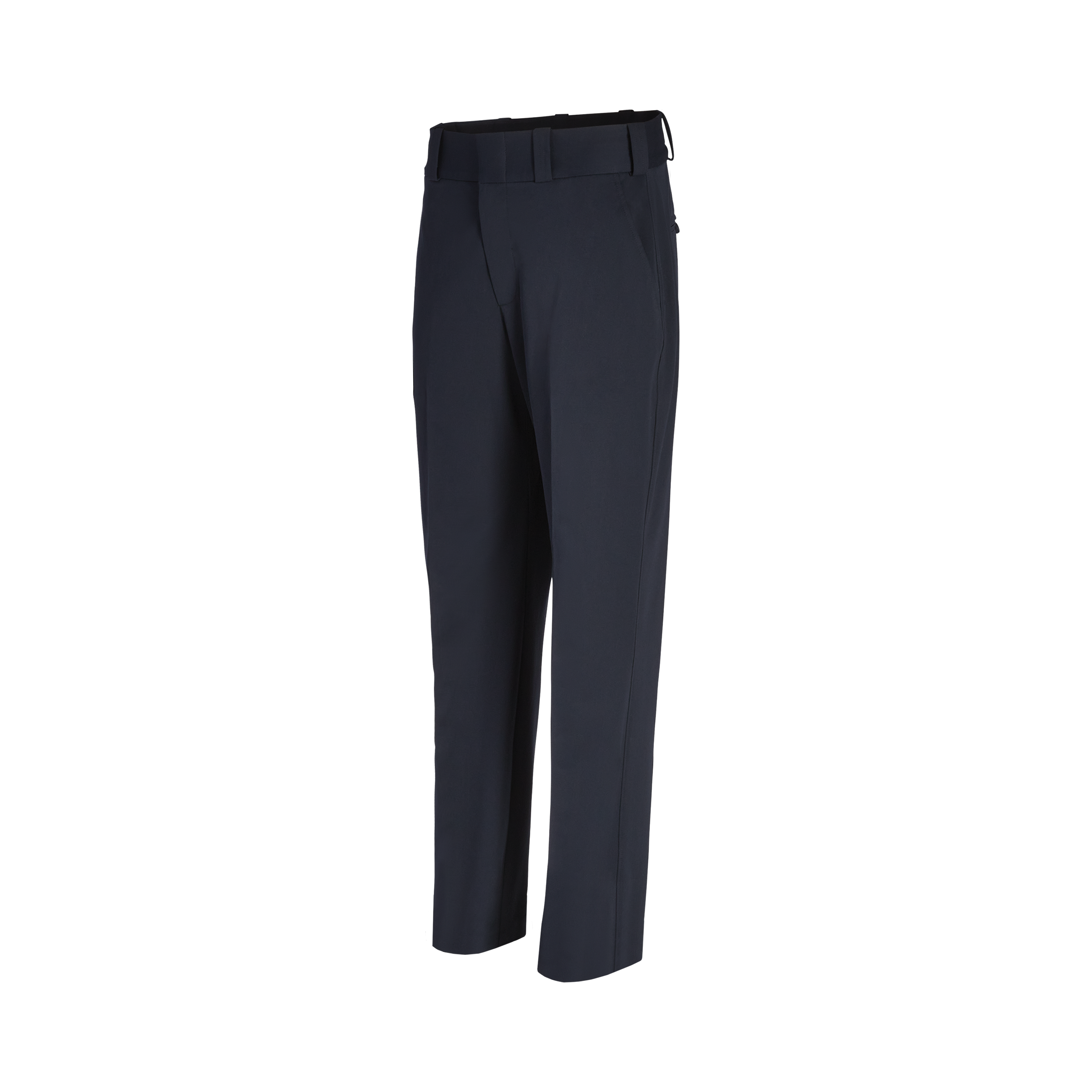 Product shot showing a pair of dark navy women's trousers with a flat front and a subtle sheen featuring a defined waistband and a straight leg
