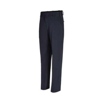 Product shot showing a pair of dark navy women's trousers with a flat front and a subtle sheen featuring a defined waistband and a straight leg

