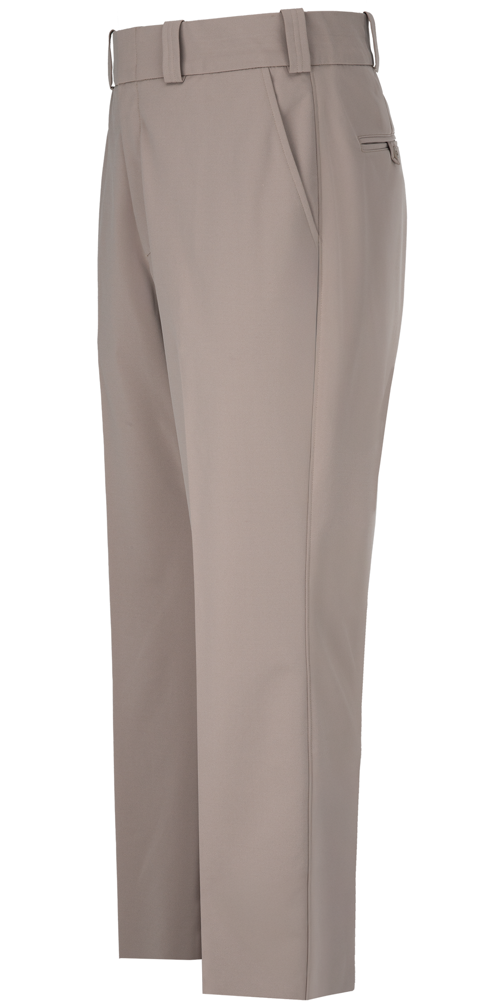 Product shot of beige women's pants featuring a flat front, a center crease, and a zippered back pocket showing subtle texture and a tailored fit

