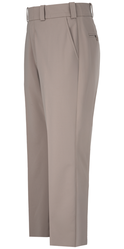 Product shot of beige women's pants featuring a flat front, a center crease, and a zippered back pocket showing subtle texture and a tailored fit
