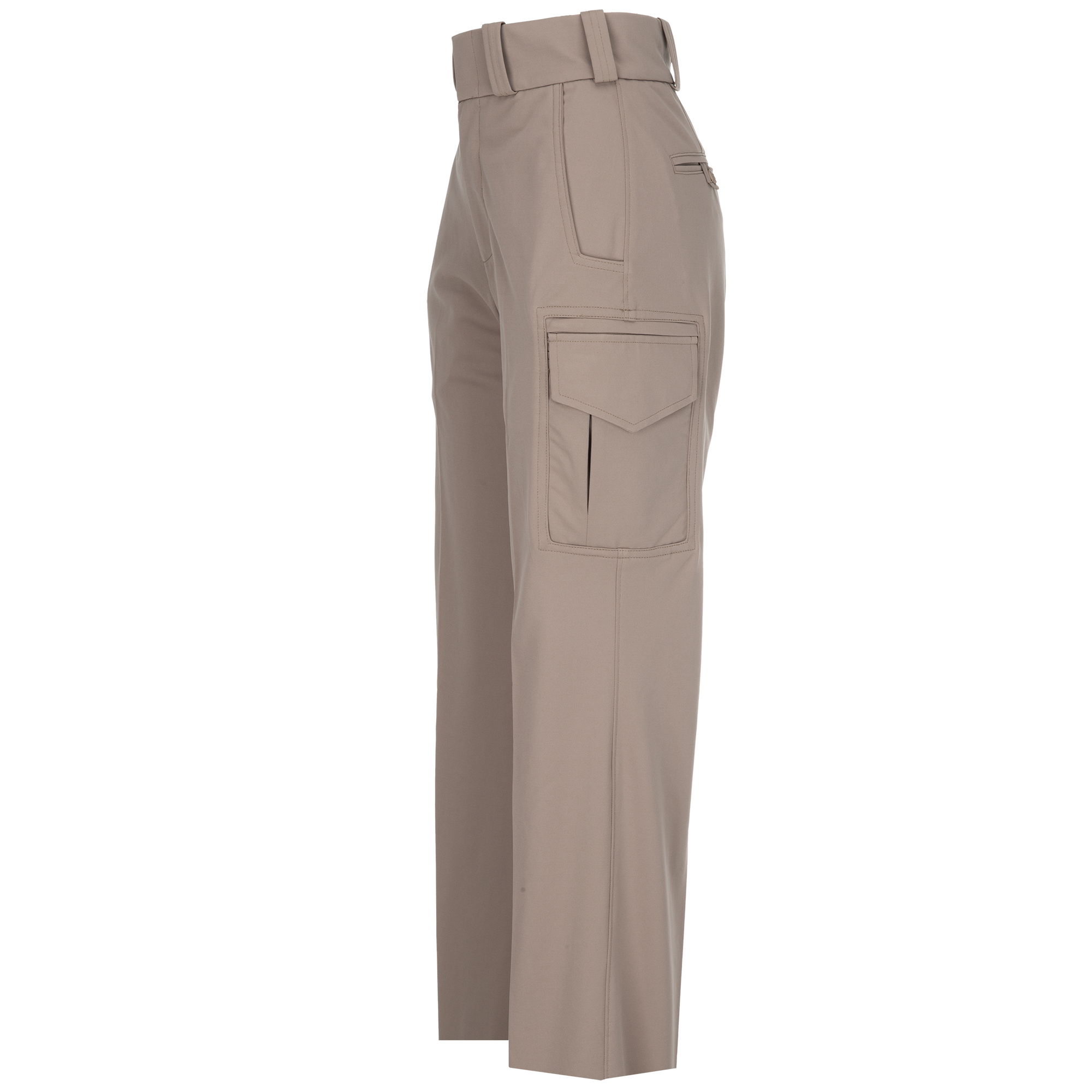 Product shot showing a beige pair of women's cargo pants with a belted waist, zippered pocket, and multiple flap pockets featuring subtle stitching detail
