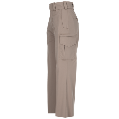 Product shot showing a beige pair of women's cargo pants with a belted waist, zippered pocket, and multiple flap pockets featuring subtle stitching detail
