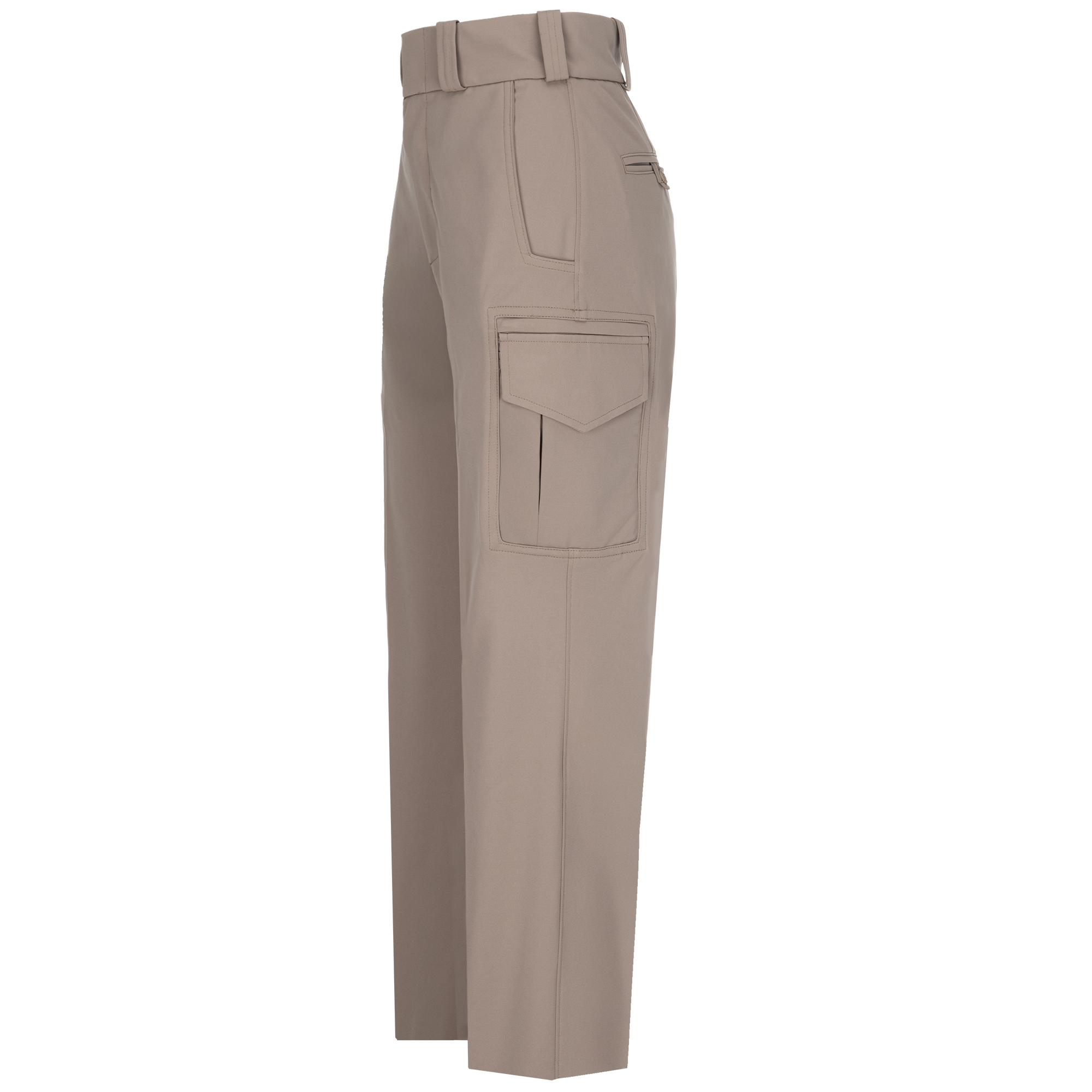 Product shot showing a pair of beige cargo pants with a high waist, zippered pockets, and subtle stitching detail
