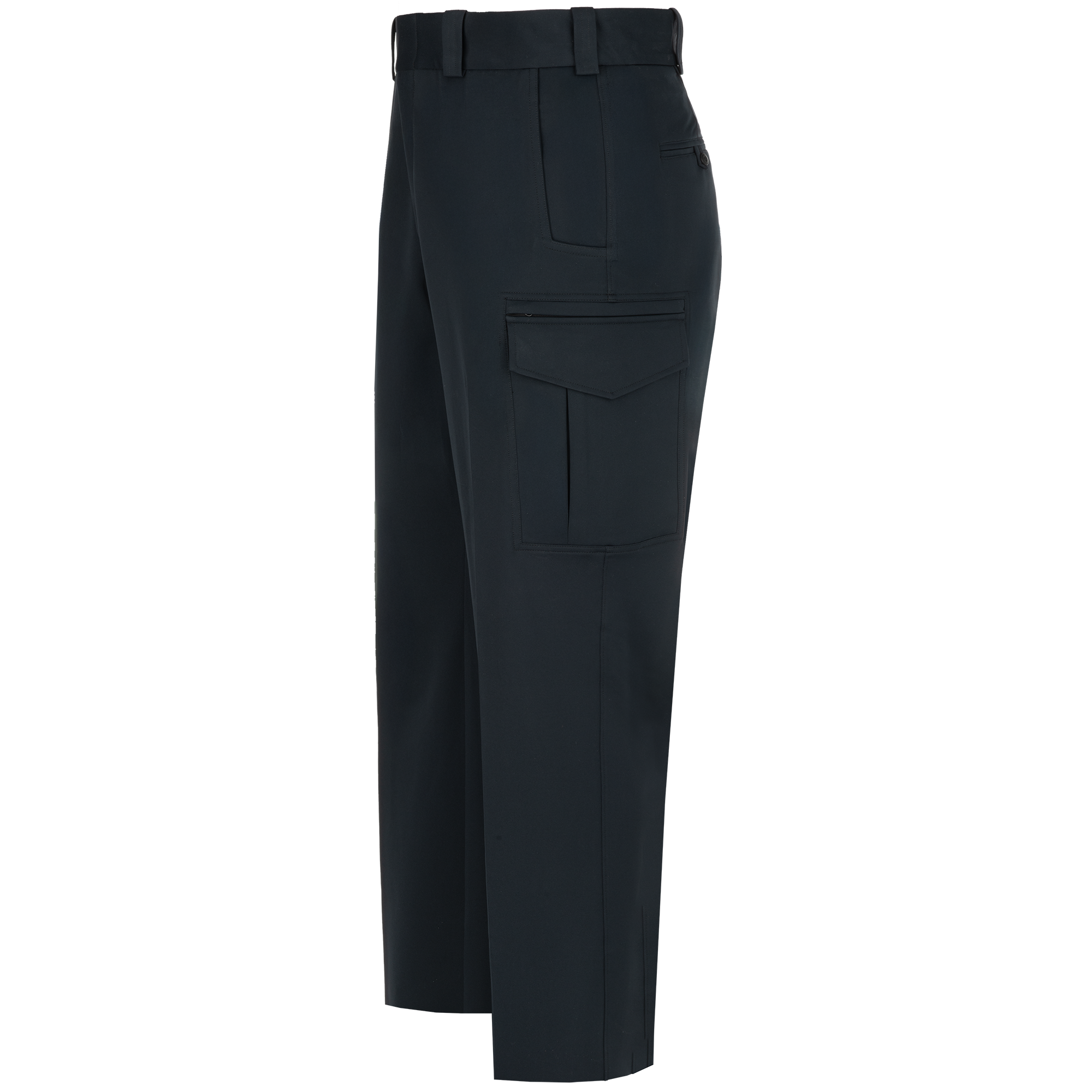 Product shot of dark-colored pants featuring a large cargo pocket, a visible waistband, and subtle stitching details
