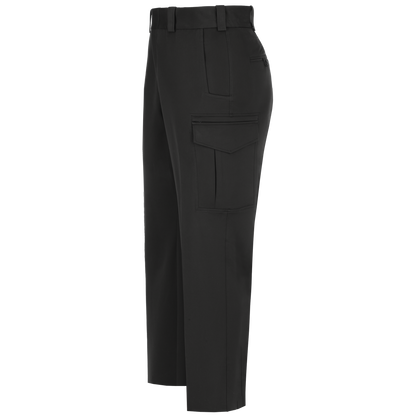 Product shot of black women's tactical pants featuring a side cargo pocket, a back welt pocket, and a buttoned waistband
