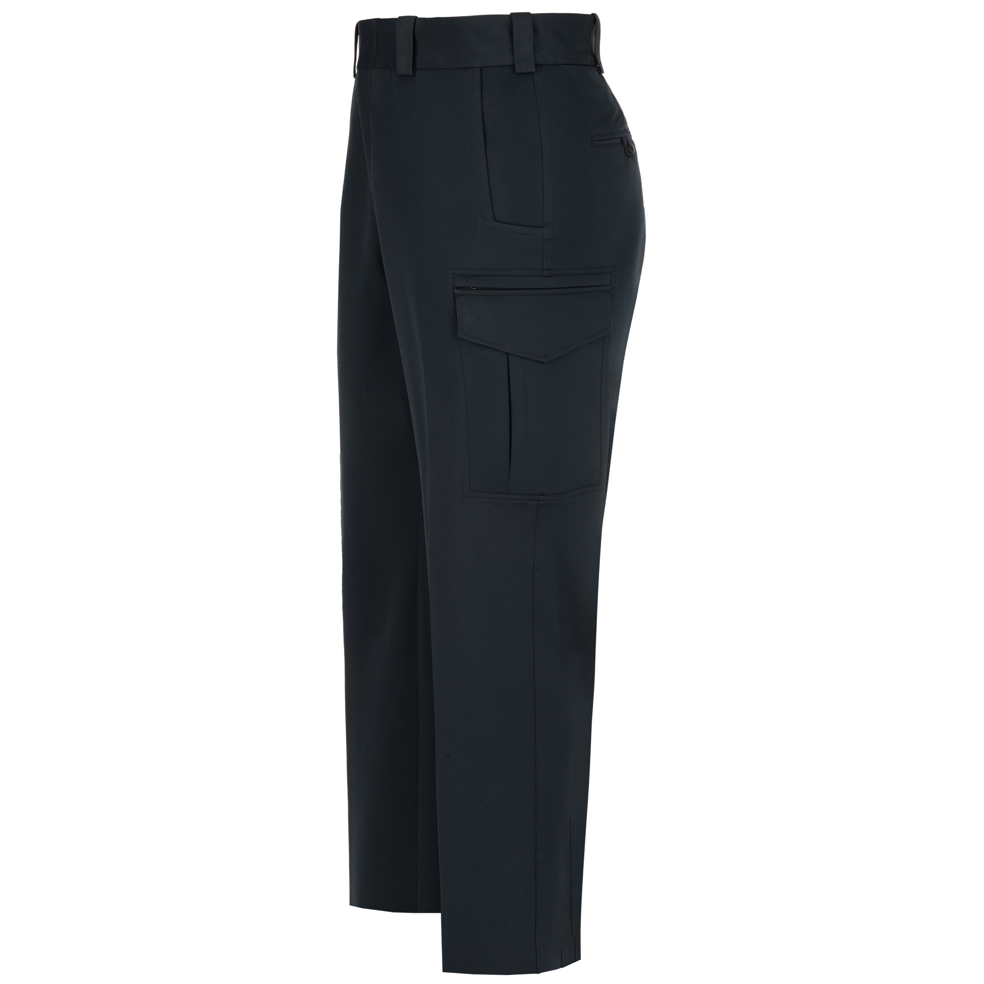 Product shot of dark-colored pants featuring a prominent cargo pocket, a buttoned back pocket, and a sleek waistband
