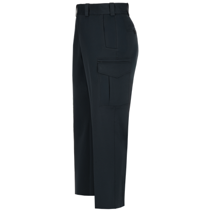 Product shot of dark-colored pants featuring a prominent cargo pocket, a buttoned back pocket, and a sleek waistband
