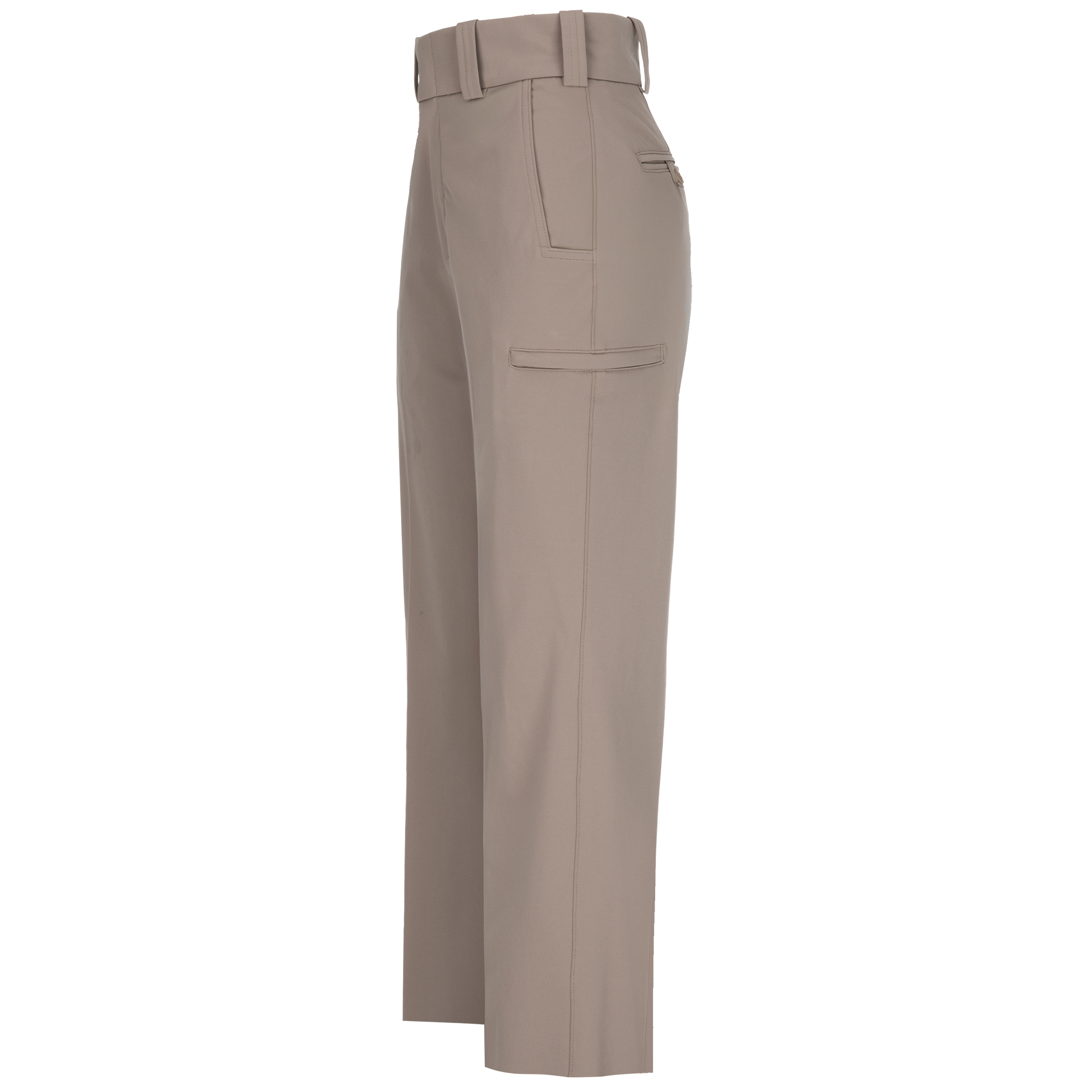 Product shot of beige women's pants featuring a high waist, slanted pockets, and subtle seam details
