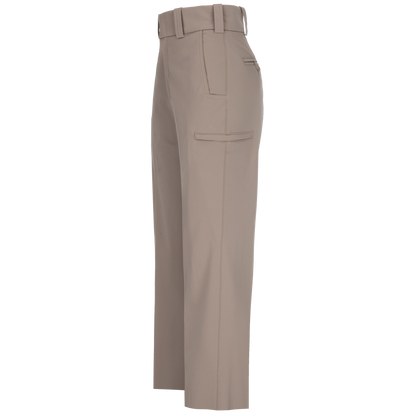 Product shot of beige women's pants featuring a high waist, slanted pockets, and subtle seam details
