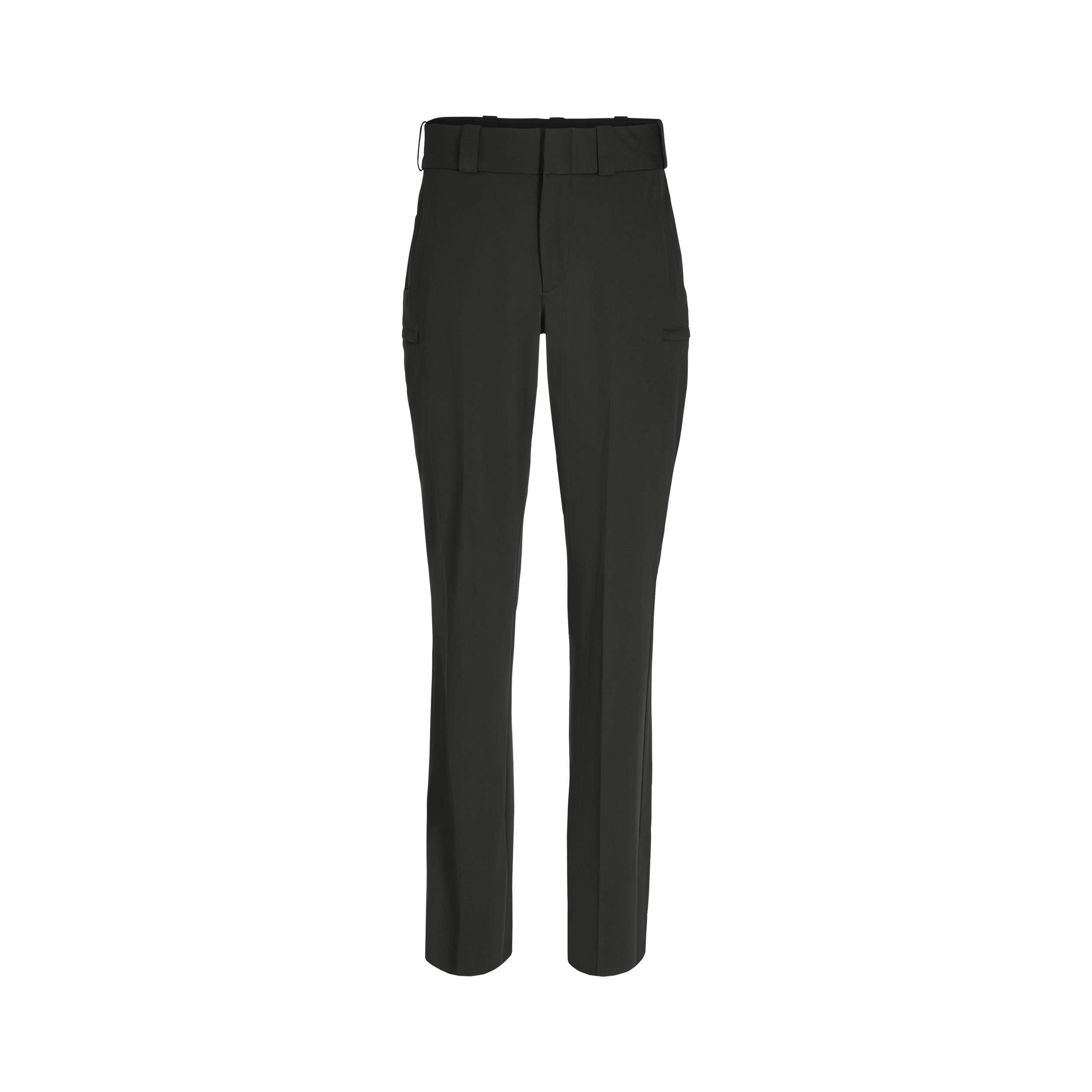 Product shot of black women's dress pants showcasing a tailored fit, a flat front design, and subtle back pockets.
