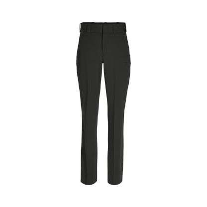 Product shot of black women's dress pants showcasing a tailored fit, a flat front design, and subtle back pockets.
