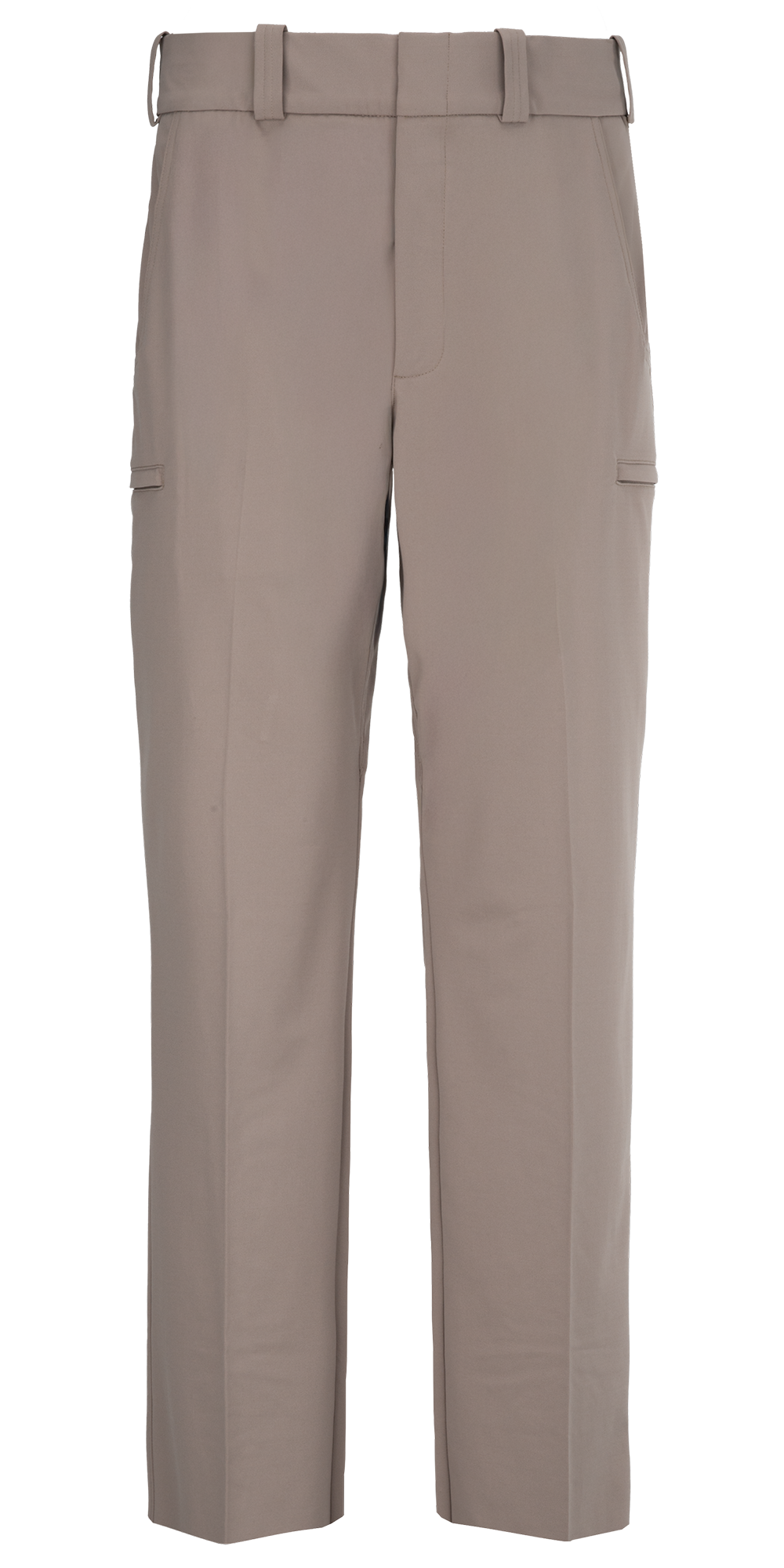 Product shot of taupe women's cropped trousers featuring a mid-rise waist, sleek straight legs and subtle side pockets