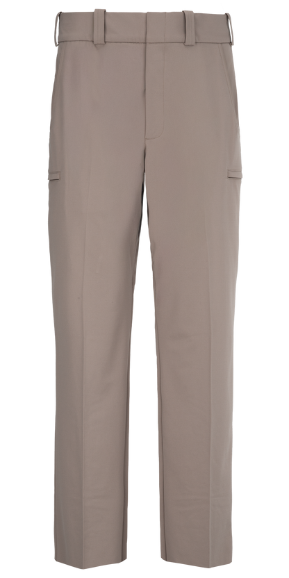 Product shot of taupe women's cropped trousers featuring a mid-rise waist, sleek straight legs and subtle side pockets