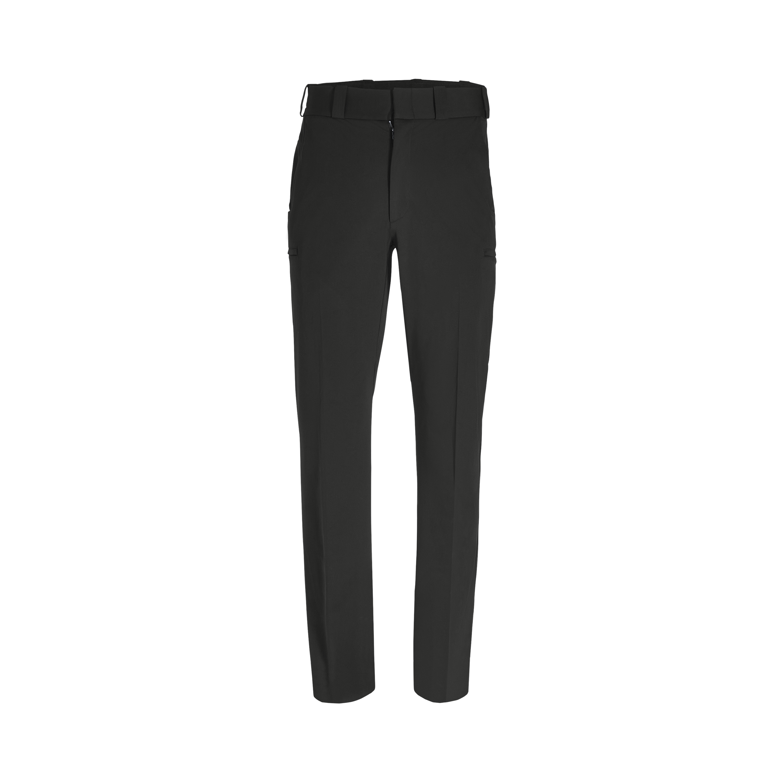 Product shot of black pants featuring a zipper fly and subtle pocket detailing showcasing a smooth, dark fabric texture
