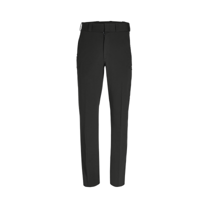 Product shot of black pants featuring a zipper fly and subtle pocket detailing showcasing a smooth, dark fabric texture
