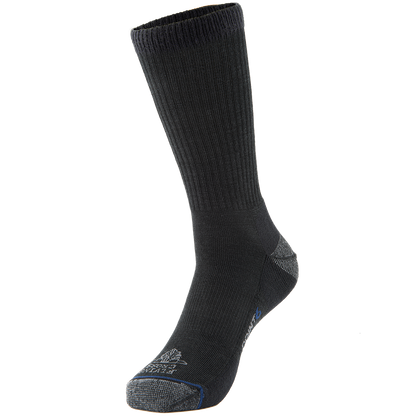 Product shot of a dark gray Darn Tough Vermont crew sock featuring reinforced toe and heel and a subtle blue accent at the heel and toe