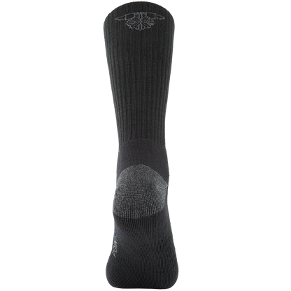 Product shot showing a Carhartt dark gray crew sock featuring a reinforced toe and heel and a small logo at the top
