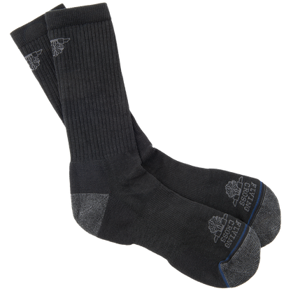 Product photography of a pair of dark gray Thorlos crew socks featuring reinforced heel and toe areas and a small embroidered logo on each sock