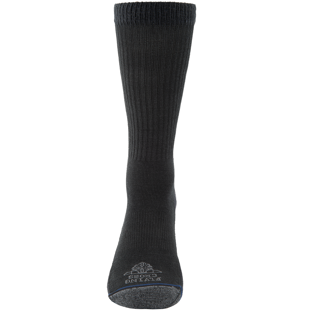 Product shot of a black Darn Tough Vermont crew sock featuring a reinforced toe a cushioned sole and a small logo at the ankle