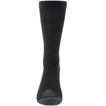 Product shot of a black Darn Tough Vermont crew sock featuring a reinforced toe a cushioned sole and a small logo at the ankle