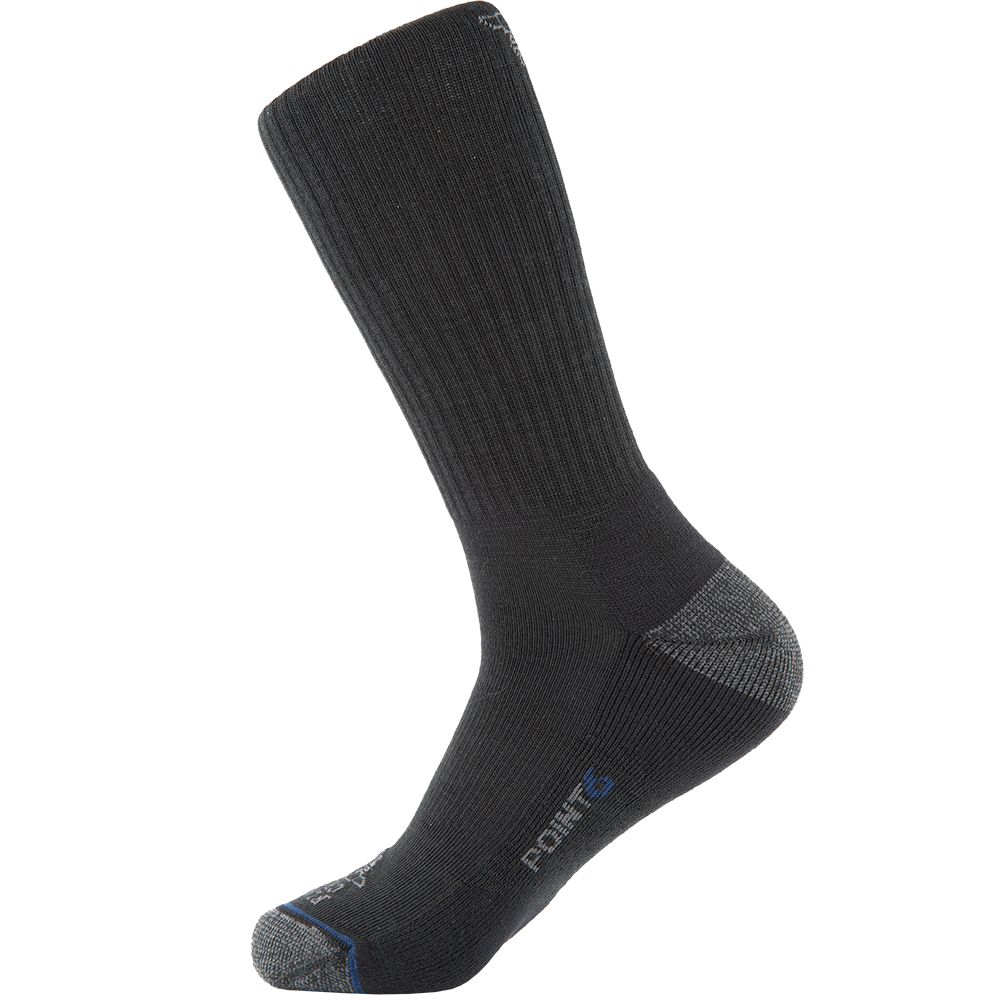 Product shot of a Point6 dark gray crew sock featuring a reinforced heel and toe and a subtle blue logo
