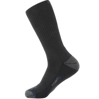 Product shot of a Point6 dark gray crew sock featuring a reinforced heel and toe and a subtle blue logo

