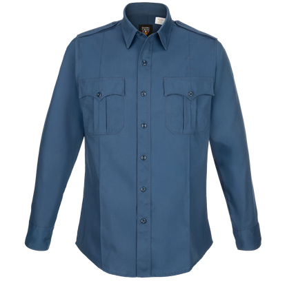 Product shot of a Flying Cross long-sleeve shirt in a slate blue color featuring two chest pockets, button cuffs, and a classic collar
