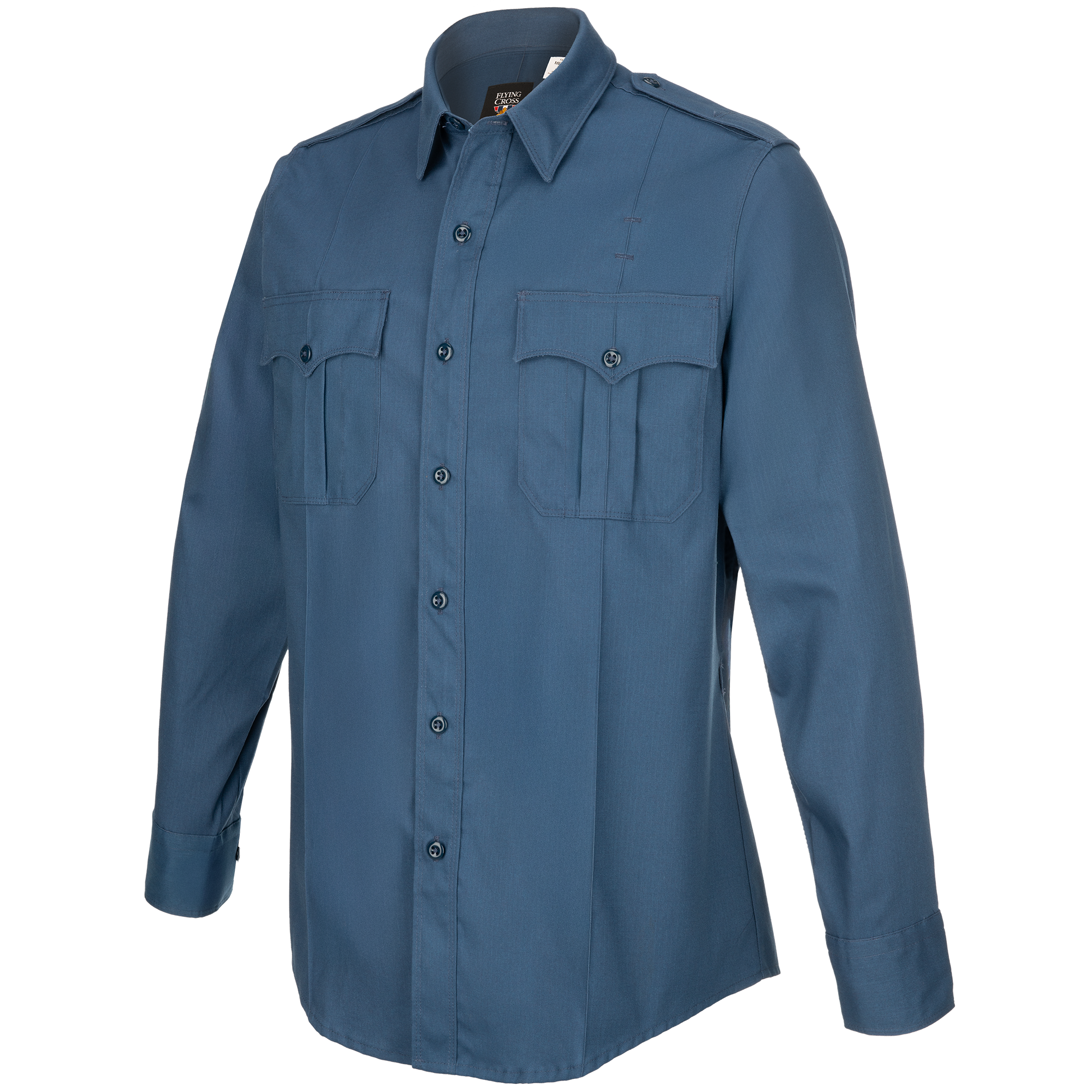 Product shot of a Flying Cross long-sleeve shirt showing a dark teal color, two chest pockets with button flaps, and dark buttons
