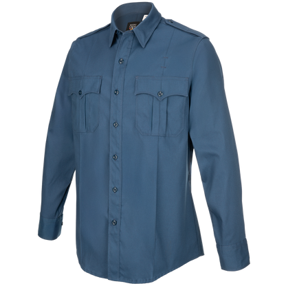 Product shot of a Flying Cross long-sleeve shirt showing a dark teal color, two chest pockets with button flaps, and dark buttons
