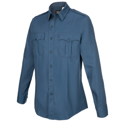 Product shot of a Flying Cross long-sleeve, steel-blue work shirt featuring two chest pockets with button flaps, a classic collar, and neatly stitched details
