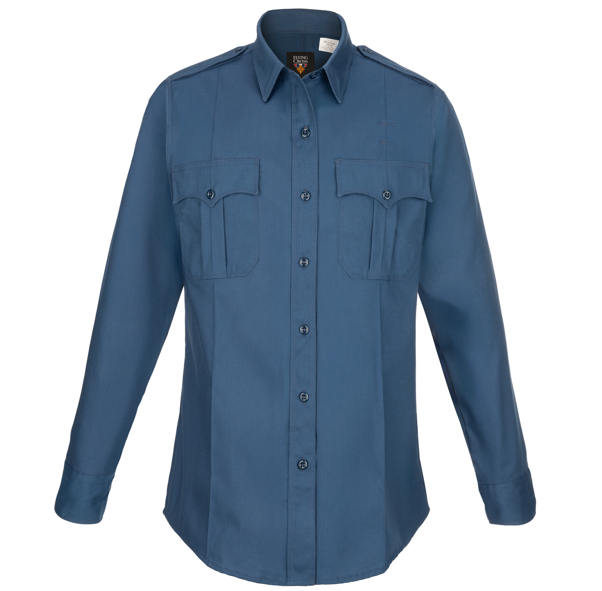 Product shot of a Flying Cross women's long-sleeve, steel-blue uniform shirt featuring two chest pockets, dark buttons, and a classic collar
