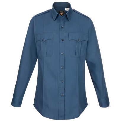Product shot of a Flying Cross women's long-sleeve, steel-blue uniform shirt featuring two chest pockets, dark buttons, and a classic collar
