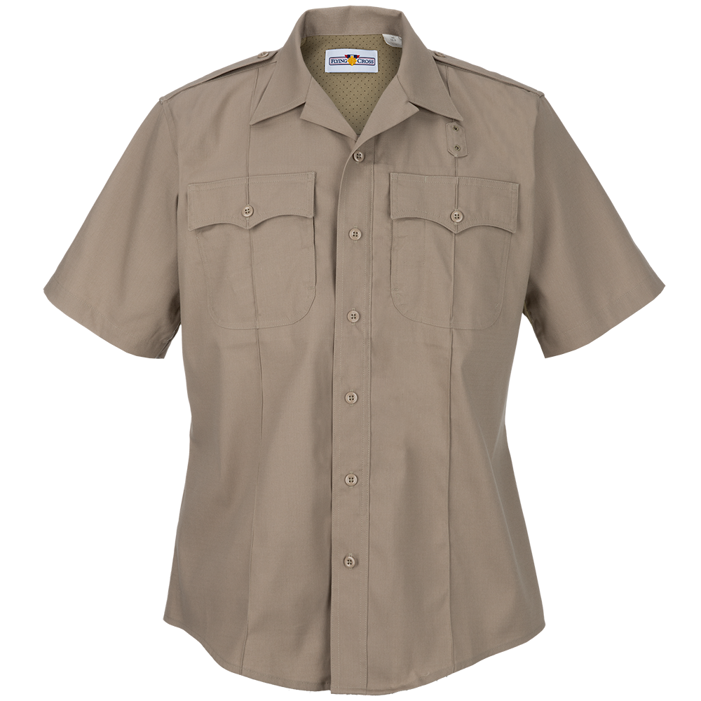 Flying Cross tan short sleeve shirt featuring button-down front flap pockets and breathable mesh collar
