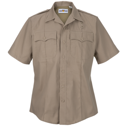 Flying Cross tan short sleeve shirt featuring button-down front flap pockets and breathable mesh collar
