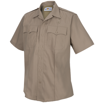 Product image of a beige Pyeng Cross short-sleeve uniform shirt featuring two chest pockets, button closures, and a classic collar design
